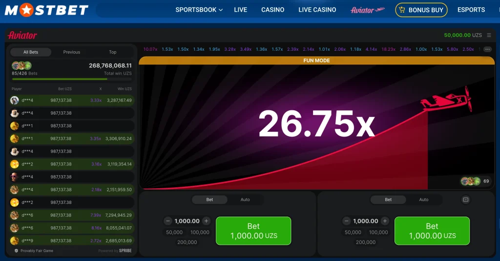 mostbet aviator uz